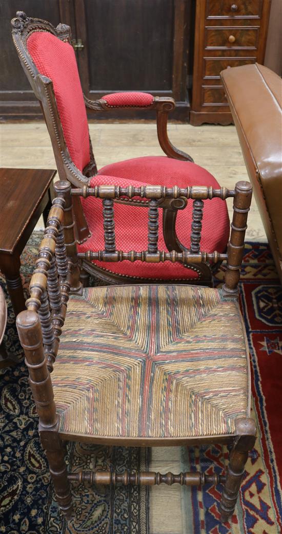 A French carved walnut fauteuil and a corner chair